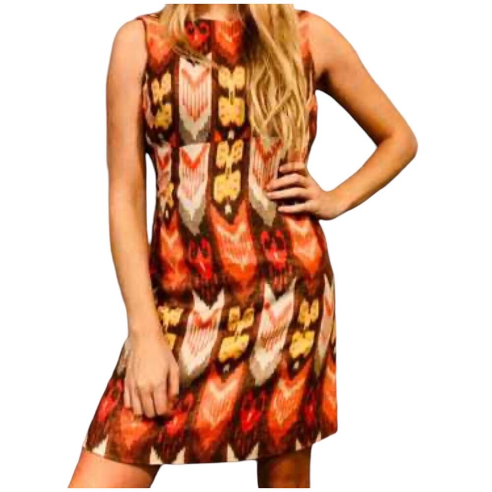 Tory Burch Linen Ikat Print Dress Size 12 Sheath‎ Sleeveless Metallic Thread